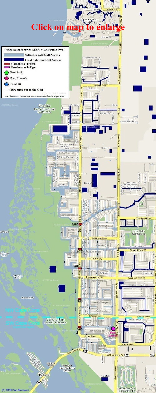 Map of Northwest Cape Coral Florida includes locations and heights of Bridges, boat locks and boat lifts as well as the location of saltwater and freshwater canals includes Burnt Store Marina and Matlacha Pass